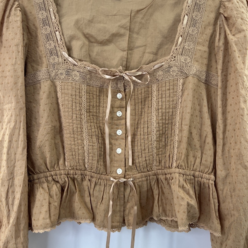 American Eagle Milkmaid Top Sz M Tan Cottage Peasant Boho Crochet Lace Coquette - Picture 6 of 15
